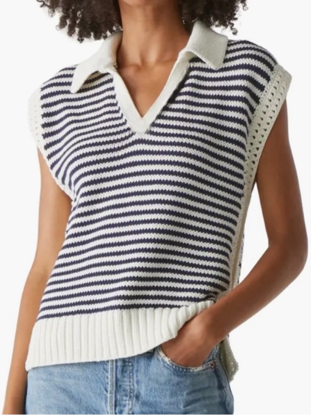 Sonoma Navy and White Striped V-Neck Sleeveless Sweater Vest - Picture 2 of 7